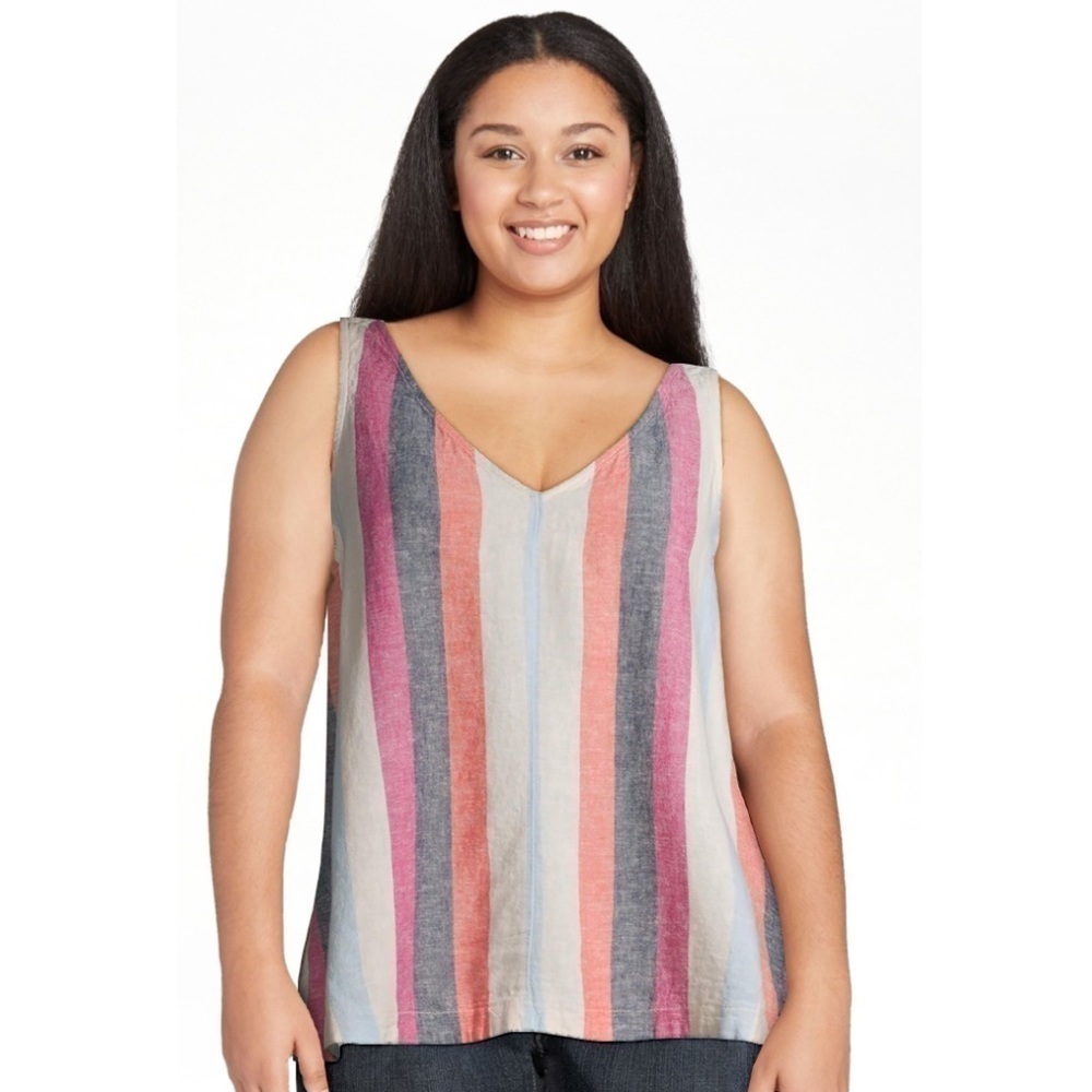 Time and Tru Women's Size XXXL 22 Swing Tank Top V-Neck Linen White Blue Striped